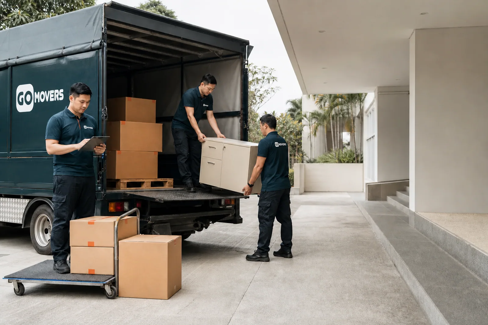 Illustration of a professional team unloading business goods from a covered truck