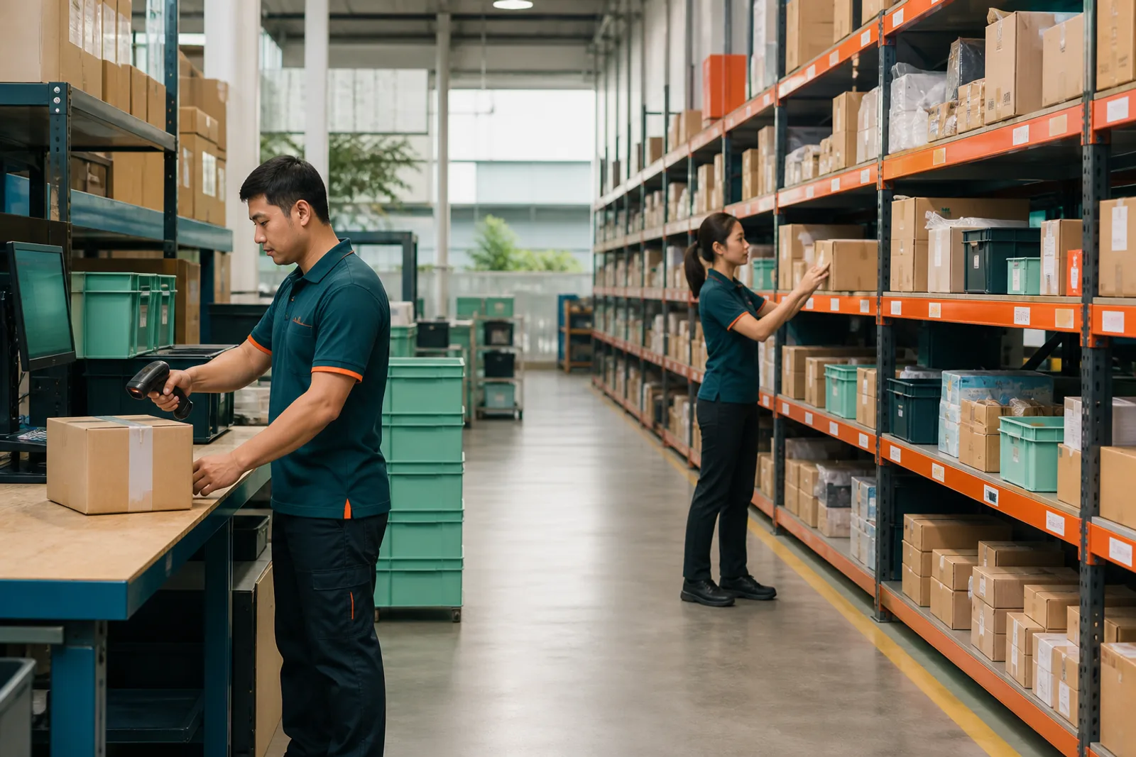 Illustration of a warehouse team scanning and picking cartons for order fulfilment