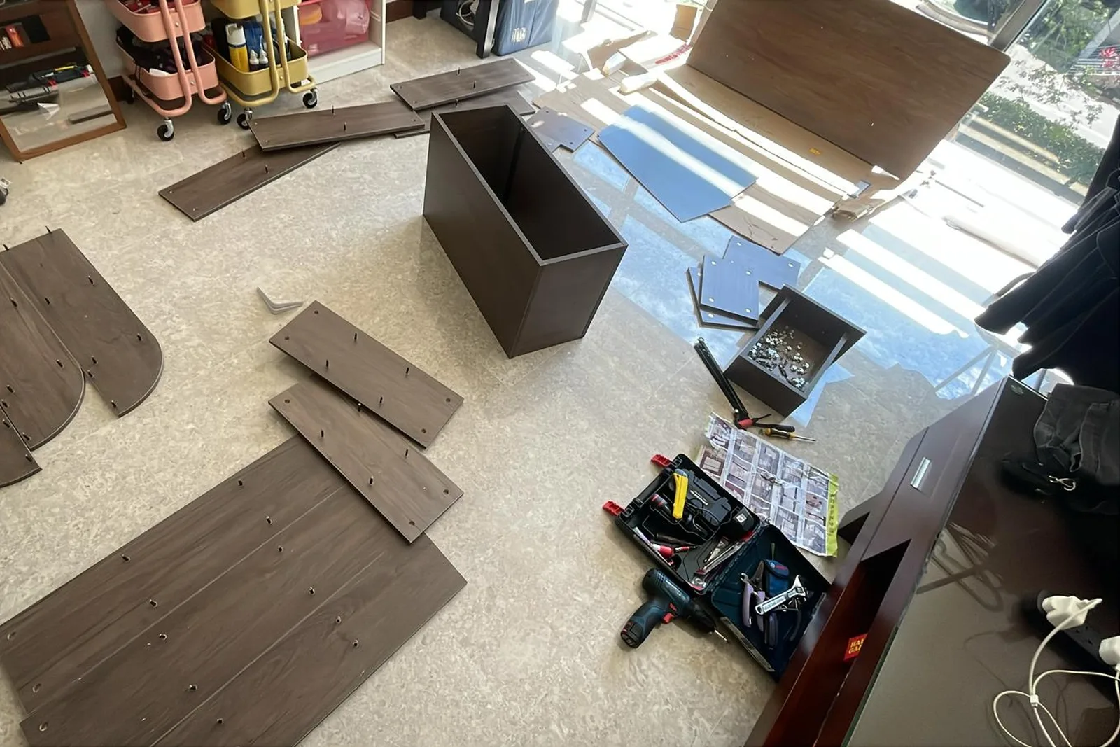 Furniture components organised during assembly