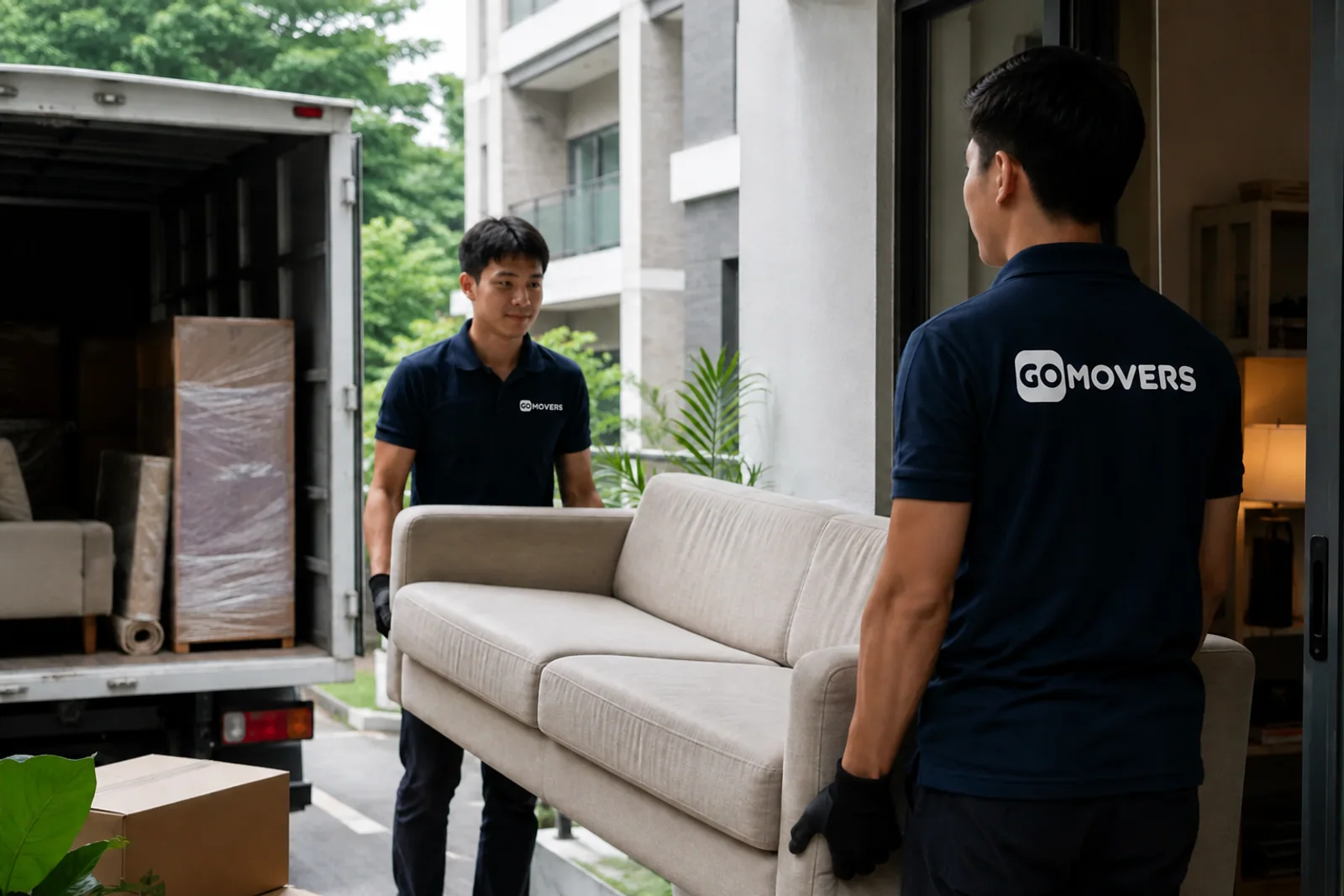 Illustration of a moving team loading reusable furniture for responsible clearance