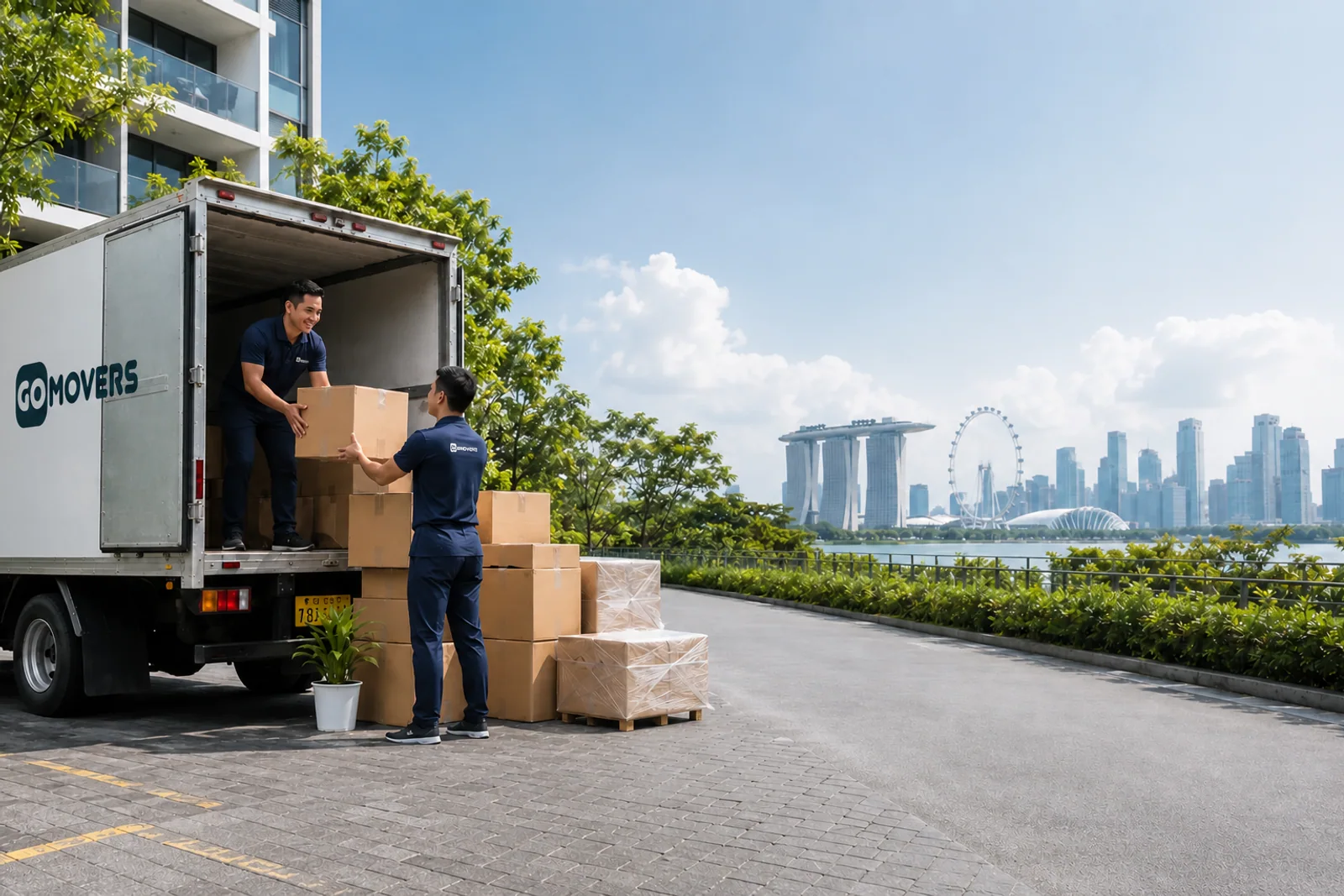 Illustration of a covered moving truck operating in Singapore