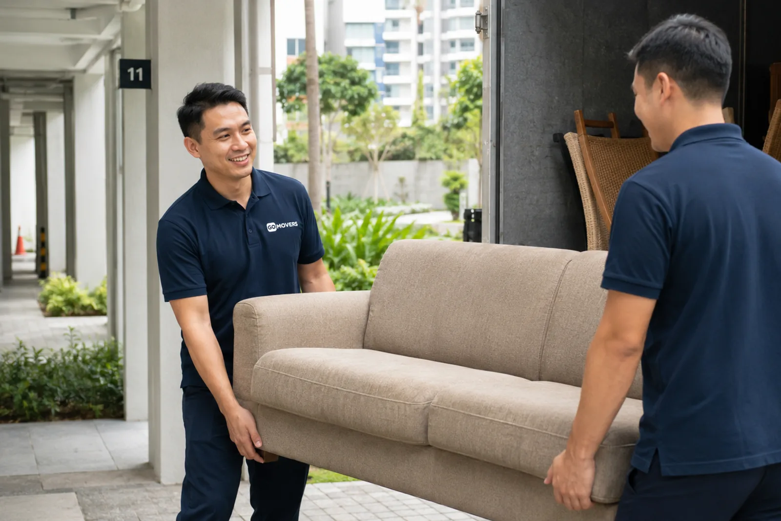 Illustration of a moving team handling furniture during a Singapore home move