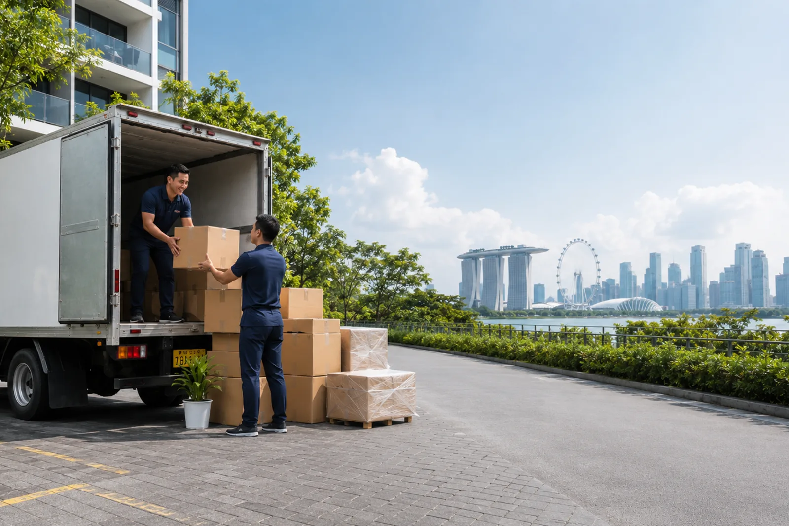 Illustration of a covered moving truck providing local goods transport in Singapore