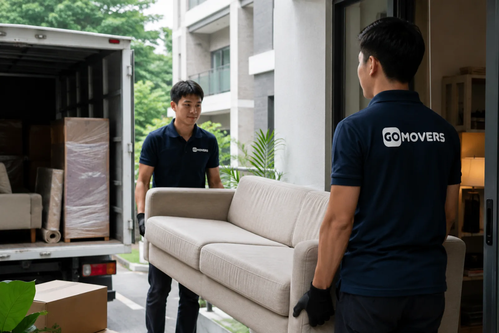 Illustration of a moving team coordinating approved furniture clearance